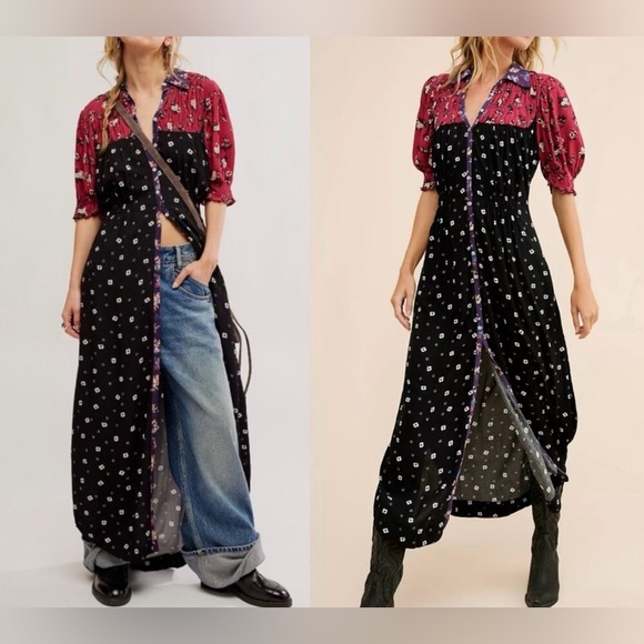 Free People Nora Midi Dress Floral Print Button Down the Front SZ L Black/Red - Picture 11 of 11